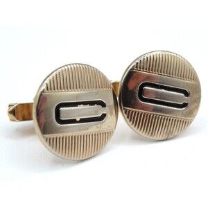 Vintage SWANK Men's Gold Tone Monogram "C" Cufflinks Round Ribbed MCM Retro